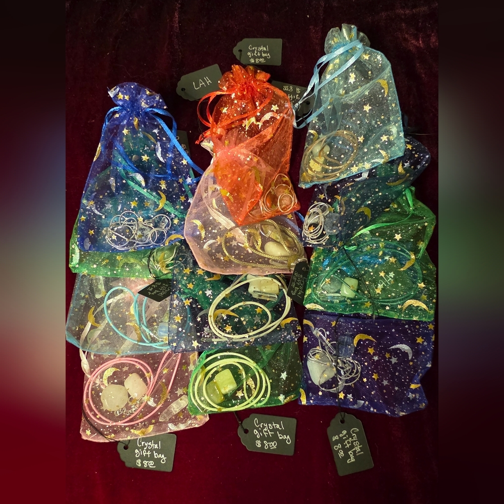 Twelve Starry Organza Gift Bags With Assorted Polished Gemstones And Necklace